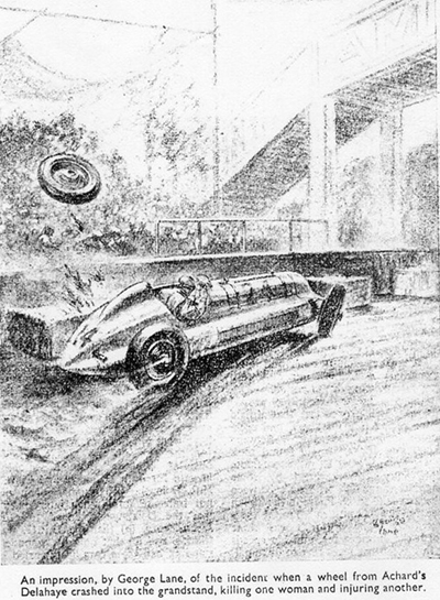 Autocar artist's impression of Jean Achard's accident in the 1947 Albi GP