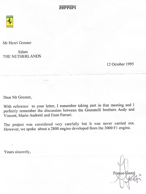 Letter from Franco Gozzi, Ferrari, 1968